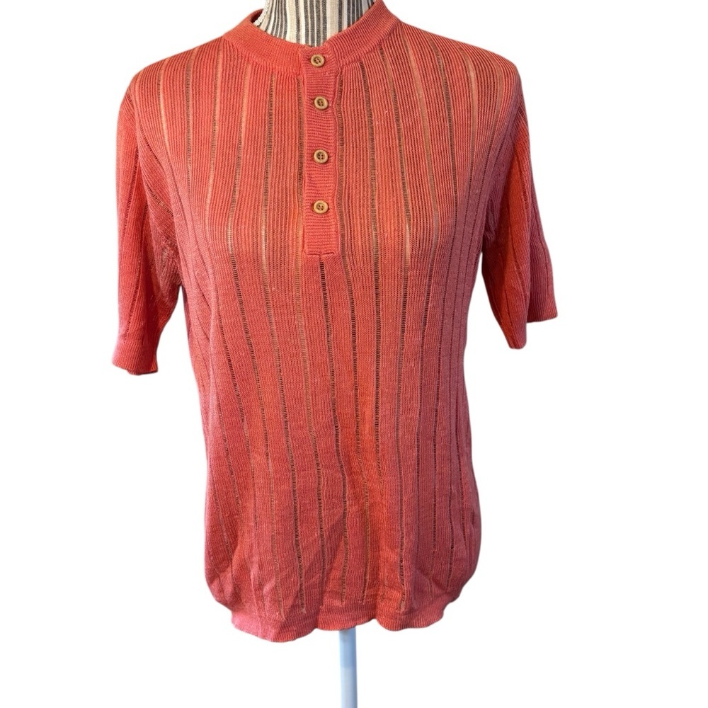 Vintage Italian Sweater Large Salmon Coral Knit Top Dralon Ramie Euro Semi-Sheer